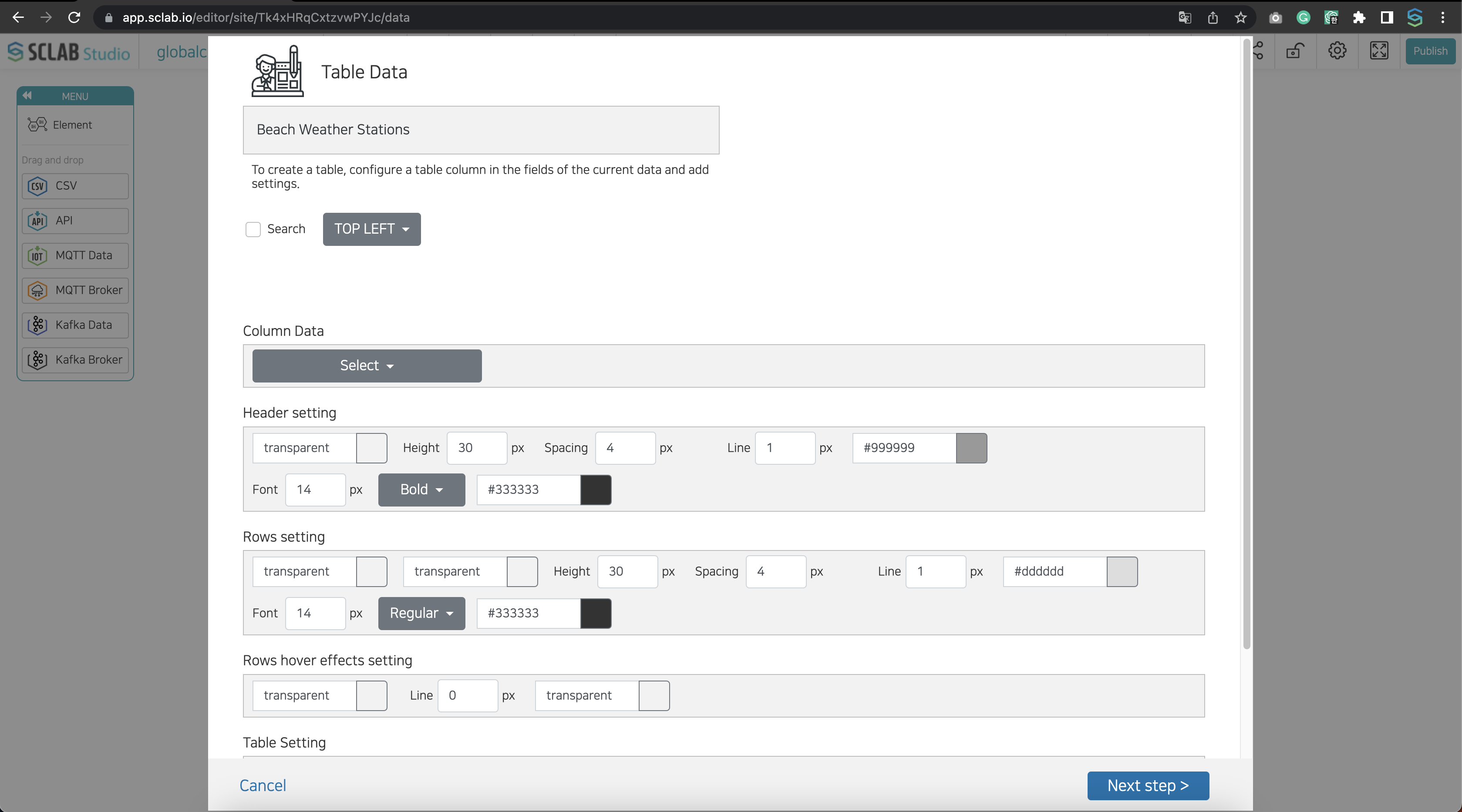 Create Data Table popup